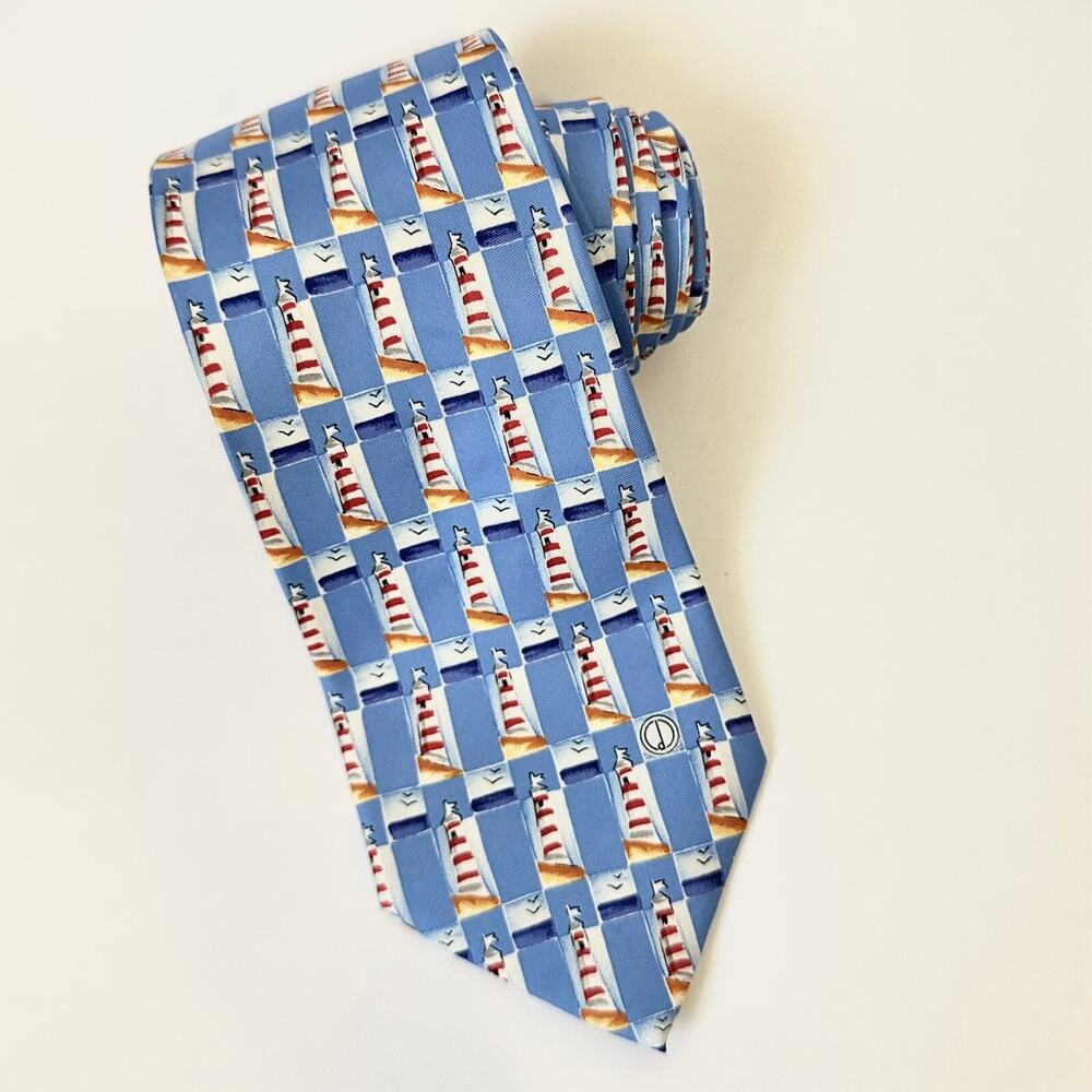 DUNHILL Neck Tie Mens Light Blue Geometric Light House Luxury Silk Preppy Work